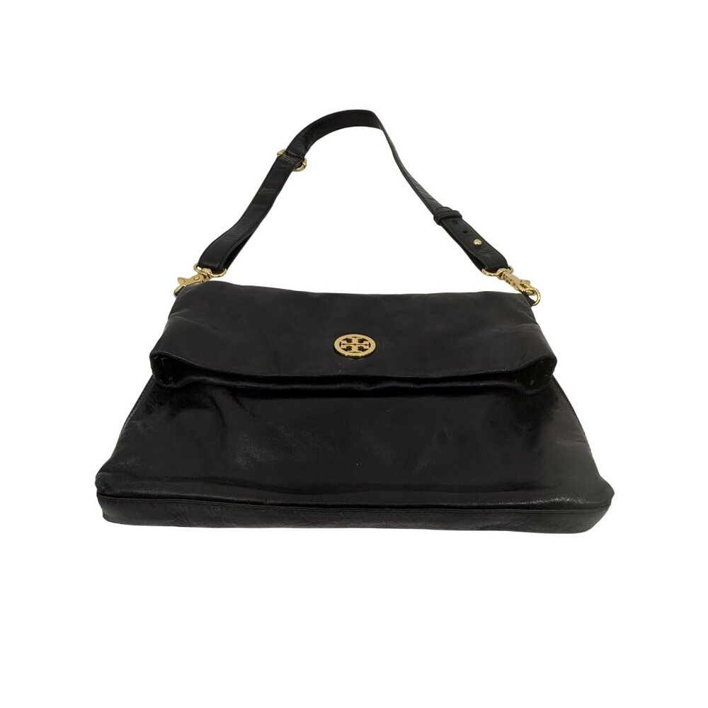 Tory Burch Black Leather Fold-Over Adjustable Strap Gold Tone Logo Crossbody Bag - Picture 7 of 16